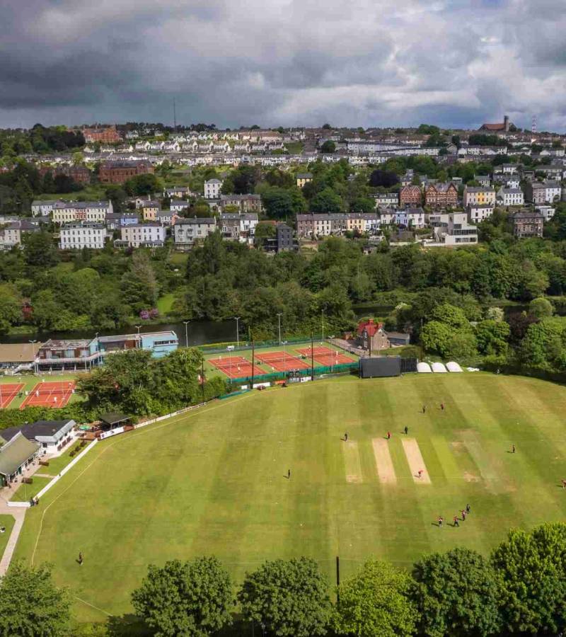 ** REPRO FREE **An aerial view of The Richard Beamish Grounds, Mardyke, Cork during the Cricket Ireland Inter-Provincial Cup game between Munster Reds and Northern Knights - 24/05/2022Photo Credit - Oisín Keniry